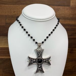 NEW Silver Cross Black Onyx Beaded Necklace
